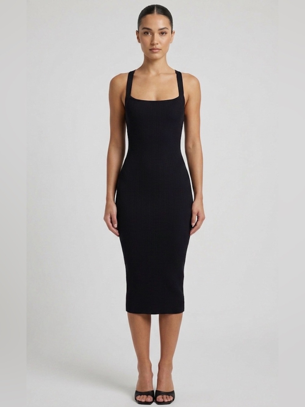 NWT Wilfred Black Ribbed Square-Neck Midi Dress